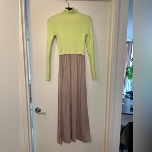 Thea Anthropologie Bright Green and Taupe Long Sleeve Dress